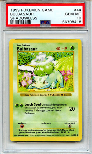 Bulbasaur 1999 Pokemon Game Shadowless #44 PSA 10