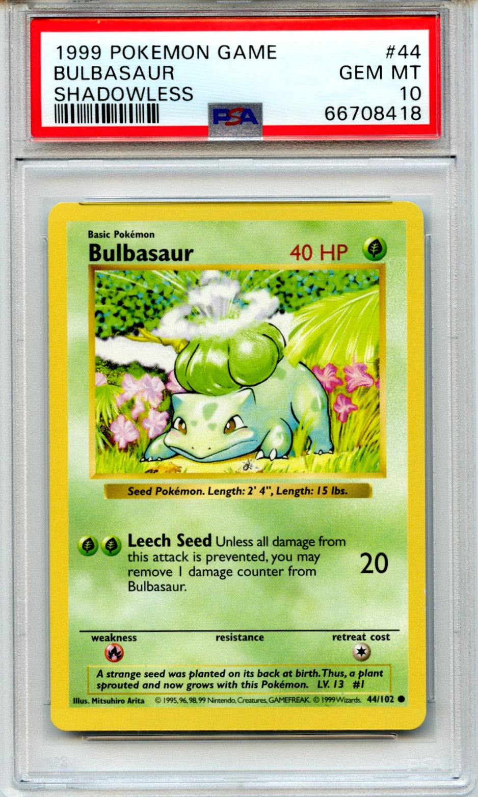 Bulbasaur 1999 Pokemon Game Shadowless #44 PSA 10