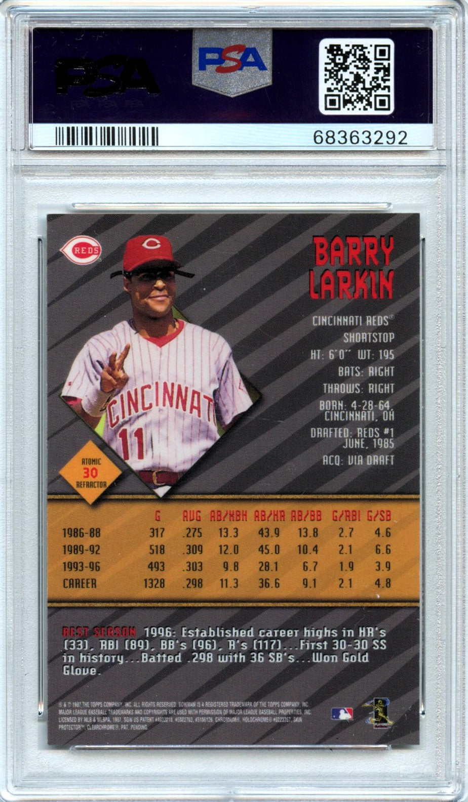 Barry Larkin 1997 Bowman's Best Atomic Refractor #30 PSA 8