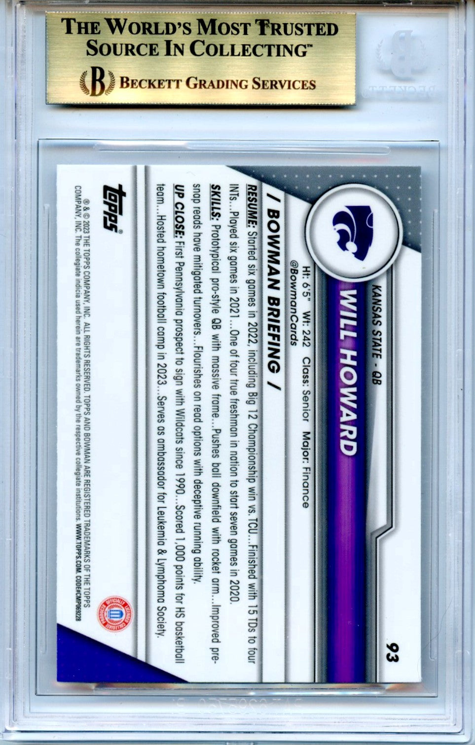 Will Howard 2023 Bowman Chrome Sapphire #93 BGS 9.5-2