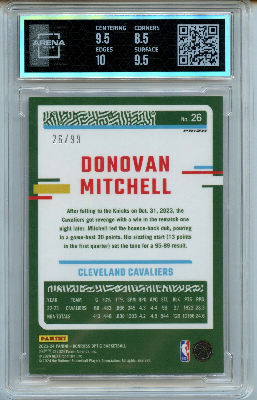 Donovan Mitchell 2023-24 Donruss Optic Red Gold International 26/99 #26 Arena Club 9-2
