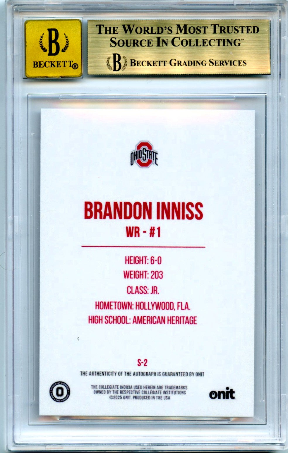 Brandon Inniss 2025 Onit Ohio State Signatures #S2 BGS 9.5 Auto 10-2