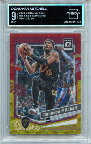 Donovan Mitchell 2023-24 Donruss Optic Red Gold International 26/99 #26 Arena Club 9