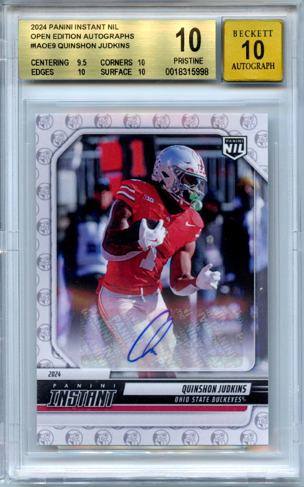 Quinshon Judkins 2024 Panini Instant NIL Open Edition Auto #AOE9 BGS 10 Auto 10-1