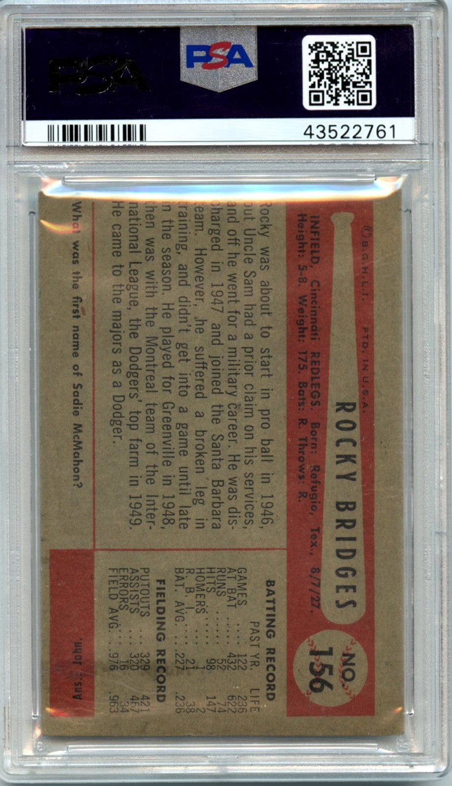 Rocky Bridges 1954 Bowman 320/467 Assists #156 PSA 4-2