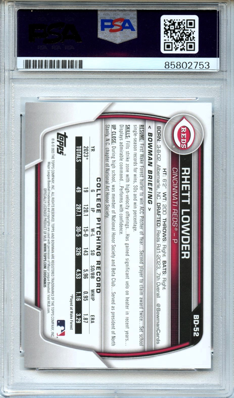 Rhett Lowder 2023 Bowman PSA DNA Authentic Auto-2