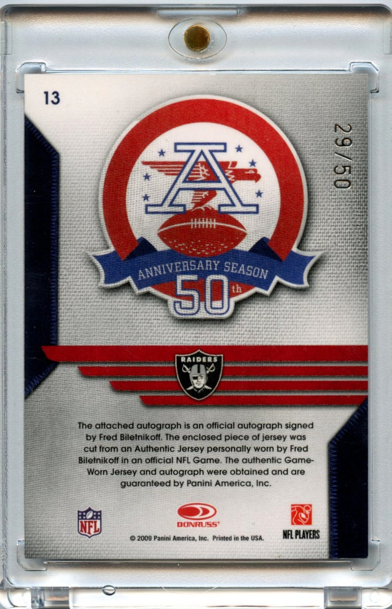 Fred Biletnikoff 2009 Panini National Treasures 50th Anniversary Game Used Patch Auto 29/50 #13-2