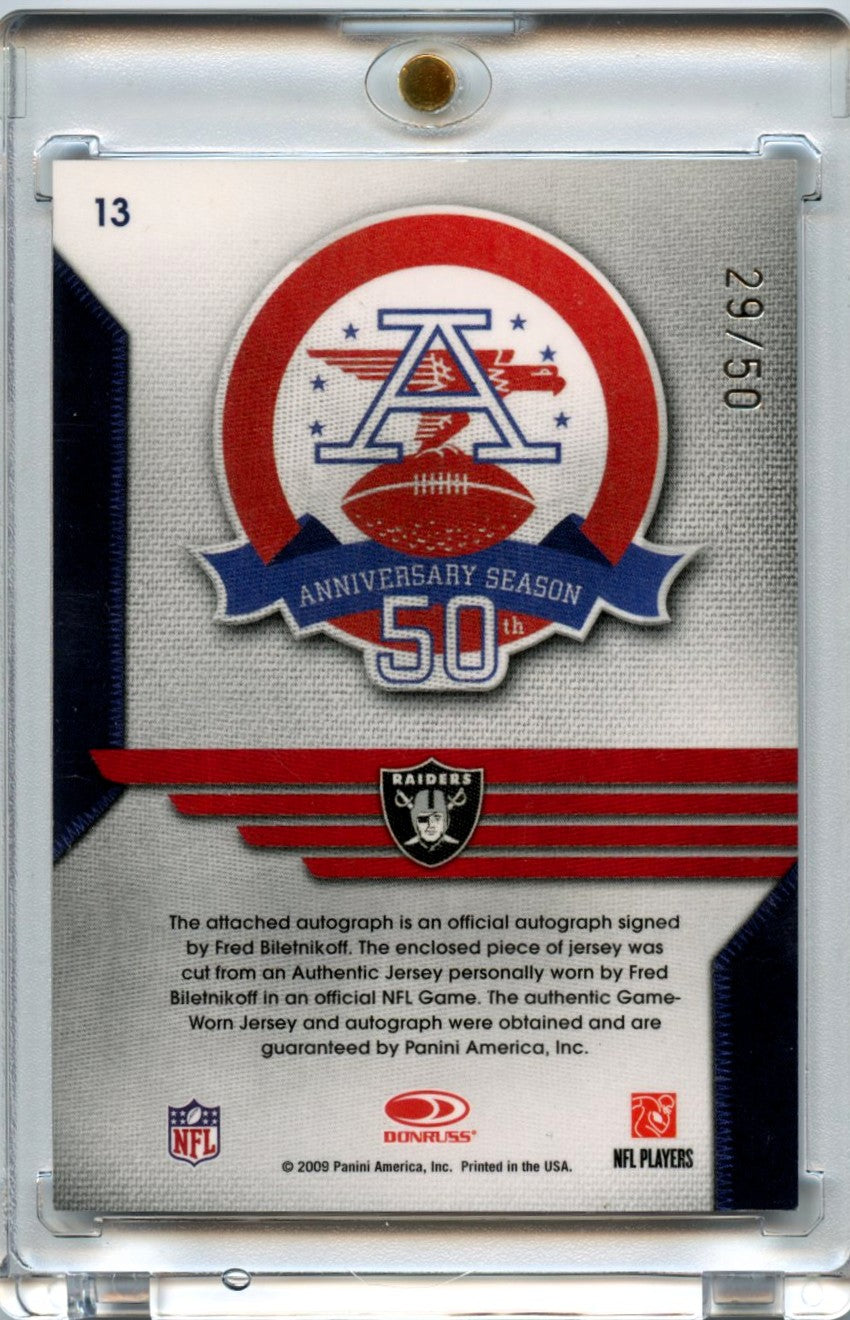Fred Biletnikoff 2009 Panini National Treasures 50th Anniversary Game Used Patch Auto 29/50 #13-2