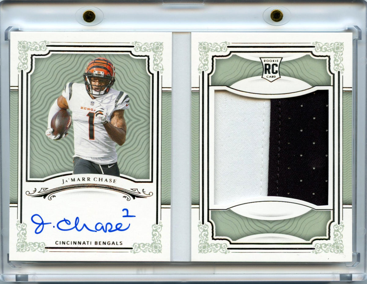 Ja'Marr Chase 2021 Panini National Treasures Rookie First Edition Signatures Booklet Patch Auto 46/99 #RFE-JC