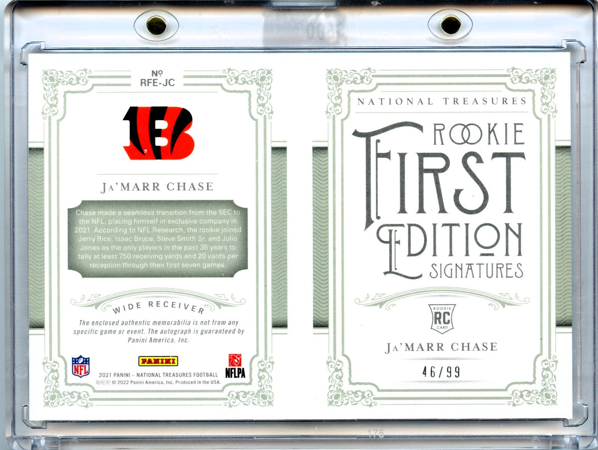 Ja'Marr Chase 2021 Panini National Treasures Rookie First Edition Signatures Booklet Patch Auto 46/99 #RFE-JC