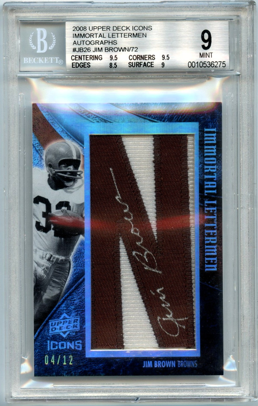 Jim Brown 2008 Upper Deck Icons Immortal Letterman Patch Auto 4/12 #JB26 BGS 9-1