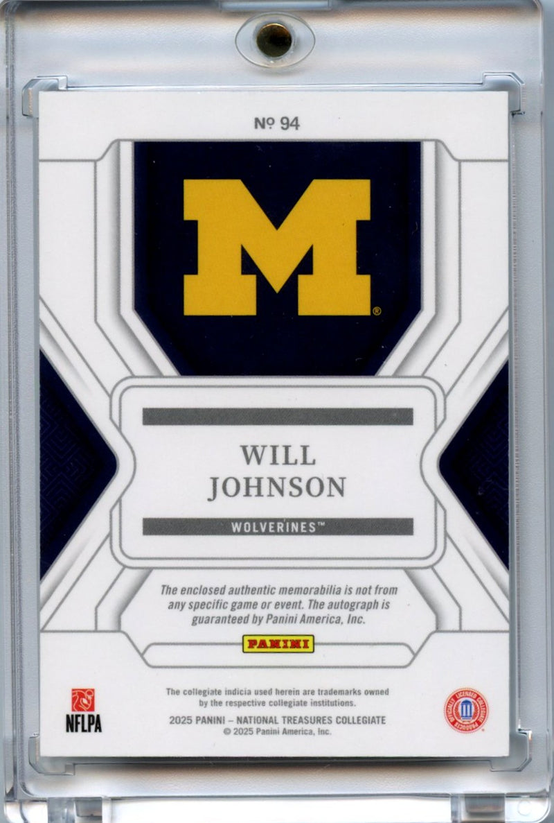 Will Johnson 2025 National Treasures Football Red Jumbo Patch Auto 1/11 #94-2