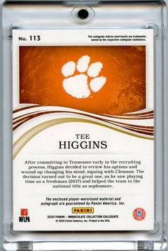 Tee Higgins 2020 Panini Immaculate Collection Collegiate Rookie Patch Auto 99/99 #113-2