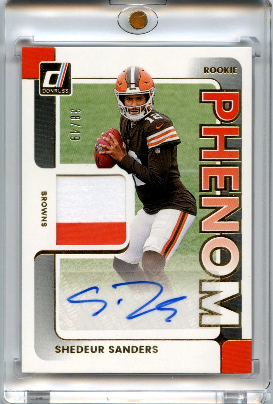 Shedeur Sanders 2025 Donruss Football Rookie Phenoms Rookie Patch Auto 38/49 #PJA-SSS-1