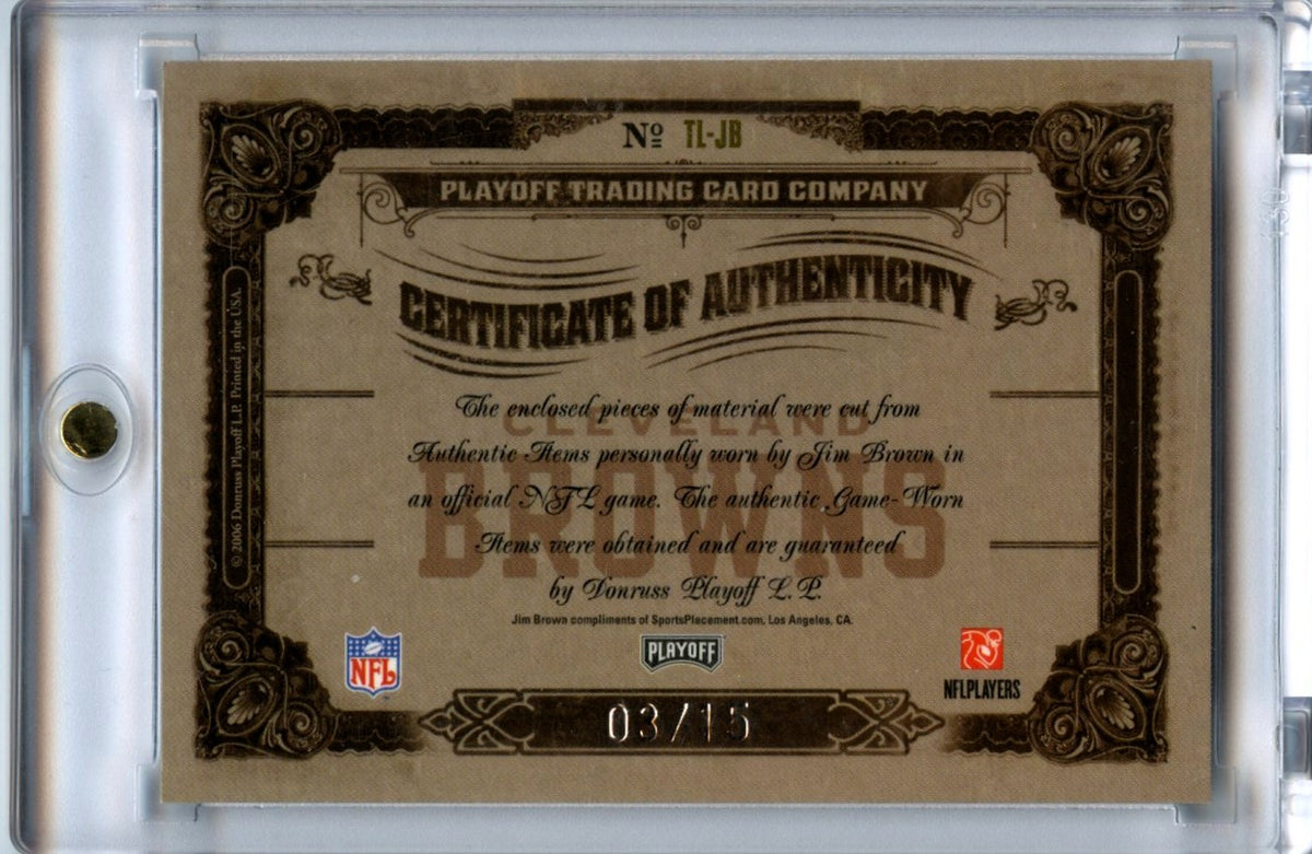 Jim Brown 2006 Donruss Playoff National Treasures NFL Timeline Triple Patch Auto 3/15 #TL-JB-2