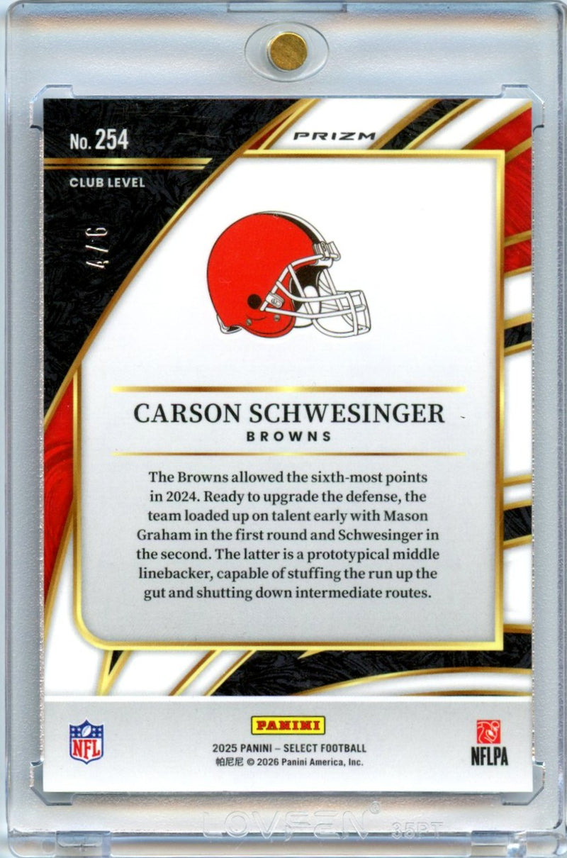 Carson Schwesinger 2025 Panini Select Football Club Level Purple Prizm 4/6 #254-2