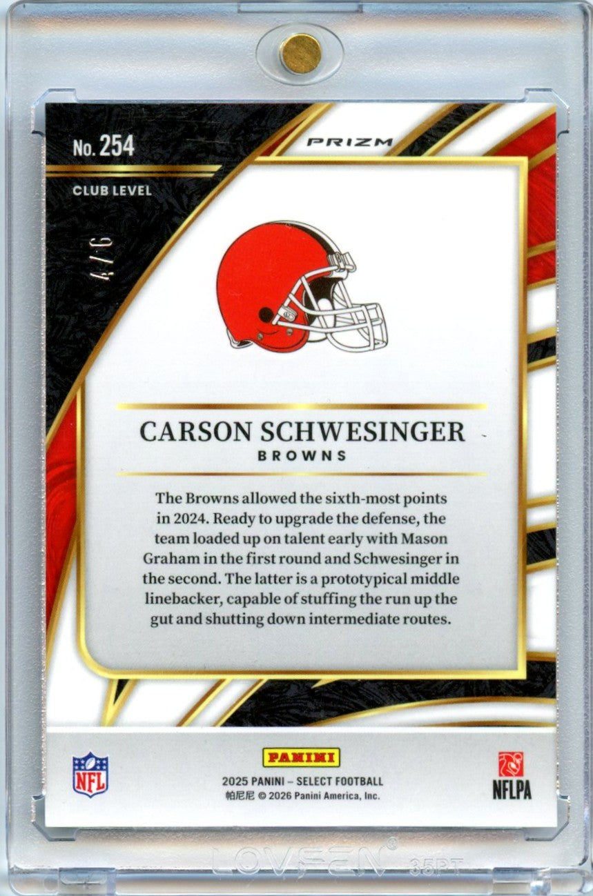 Carson Schwesinger 2025 Panini Select Football Club Level Purple Prizm 4/6 #254-2