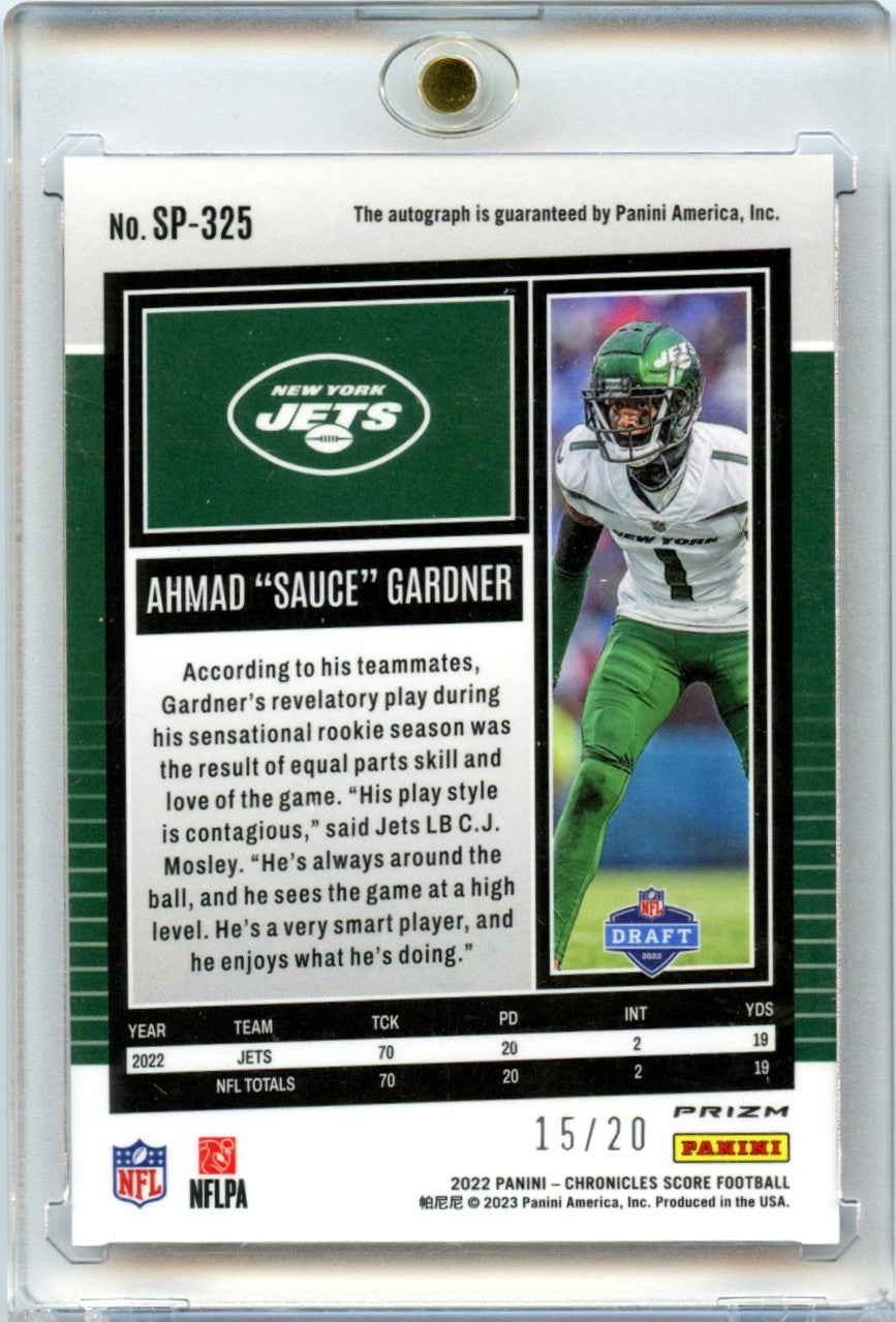 Ahmad "Sauce" Gardner 2022 Panini Chronicles Score Football Red Zone Rookie Auto 15/20 #SP-325-2