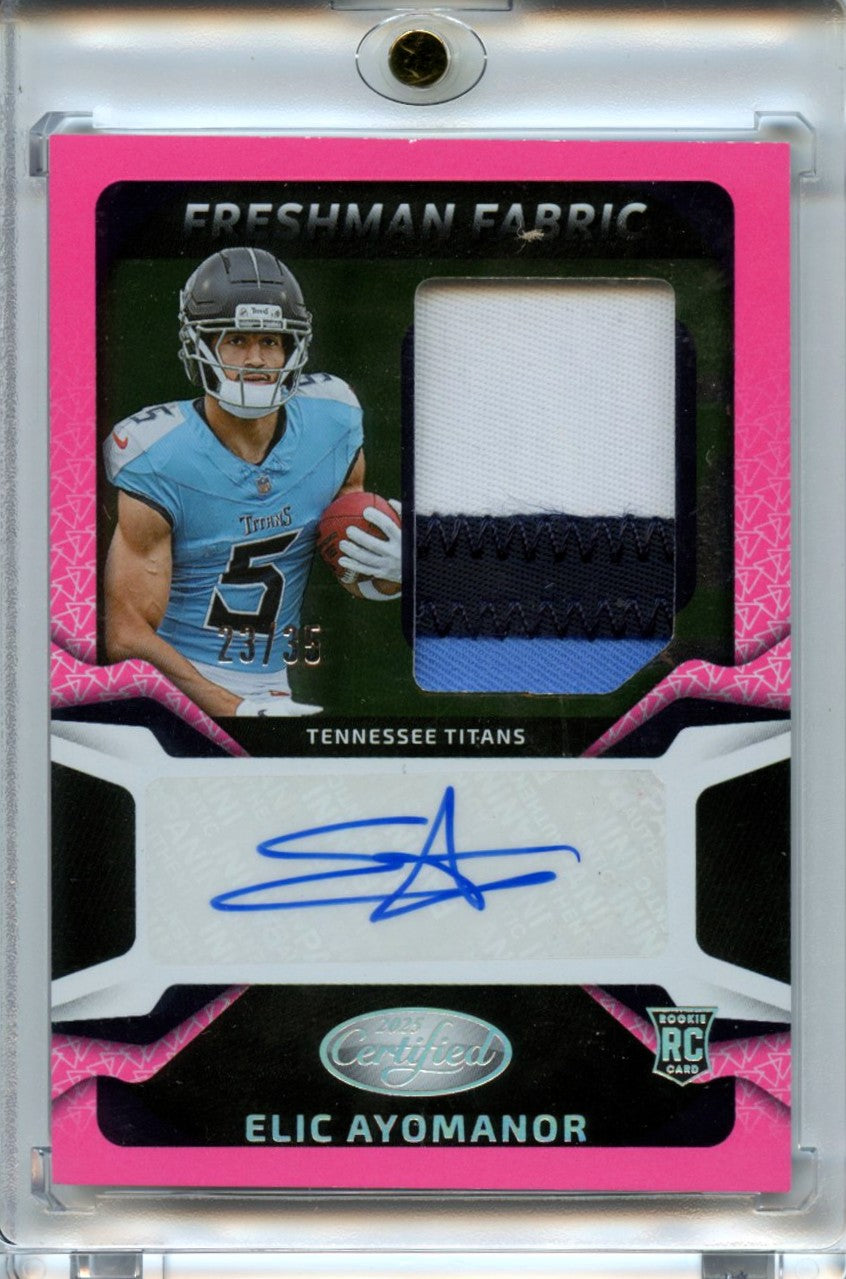 Elic Ayomanor 2025 Panini Certified Pink Freshman Fabric Rookie Patch Auto 23/35 #FBC-EAR-1