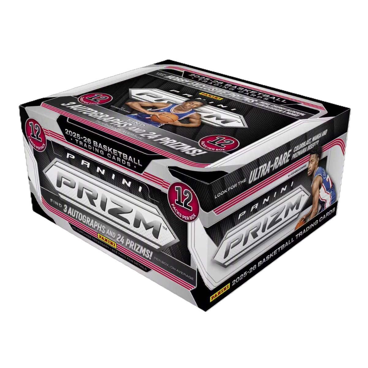 Panini Prizm 2025 Basketball Trading Cards 12-pack collectible trading card box, featuring a black, silver, and pink design with basketball player graphics.
