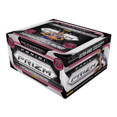Panini Prizm 2025 Basketball Trading Cards 12-pack collectible trading card box, featuring a black, silver, and pink design with basketball player graphics.