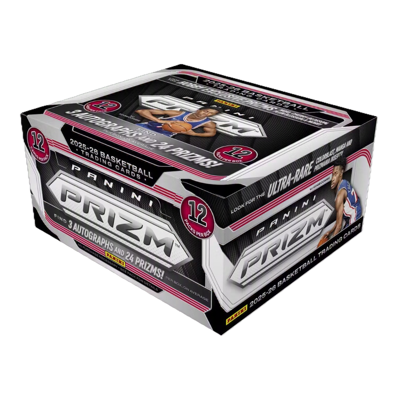 Panini Prizm 2025 Basketball Trading Cards 12-pack collectible trading card box, featuring a black, silver, and pink design with basketball player graphics.