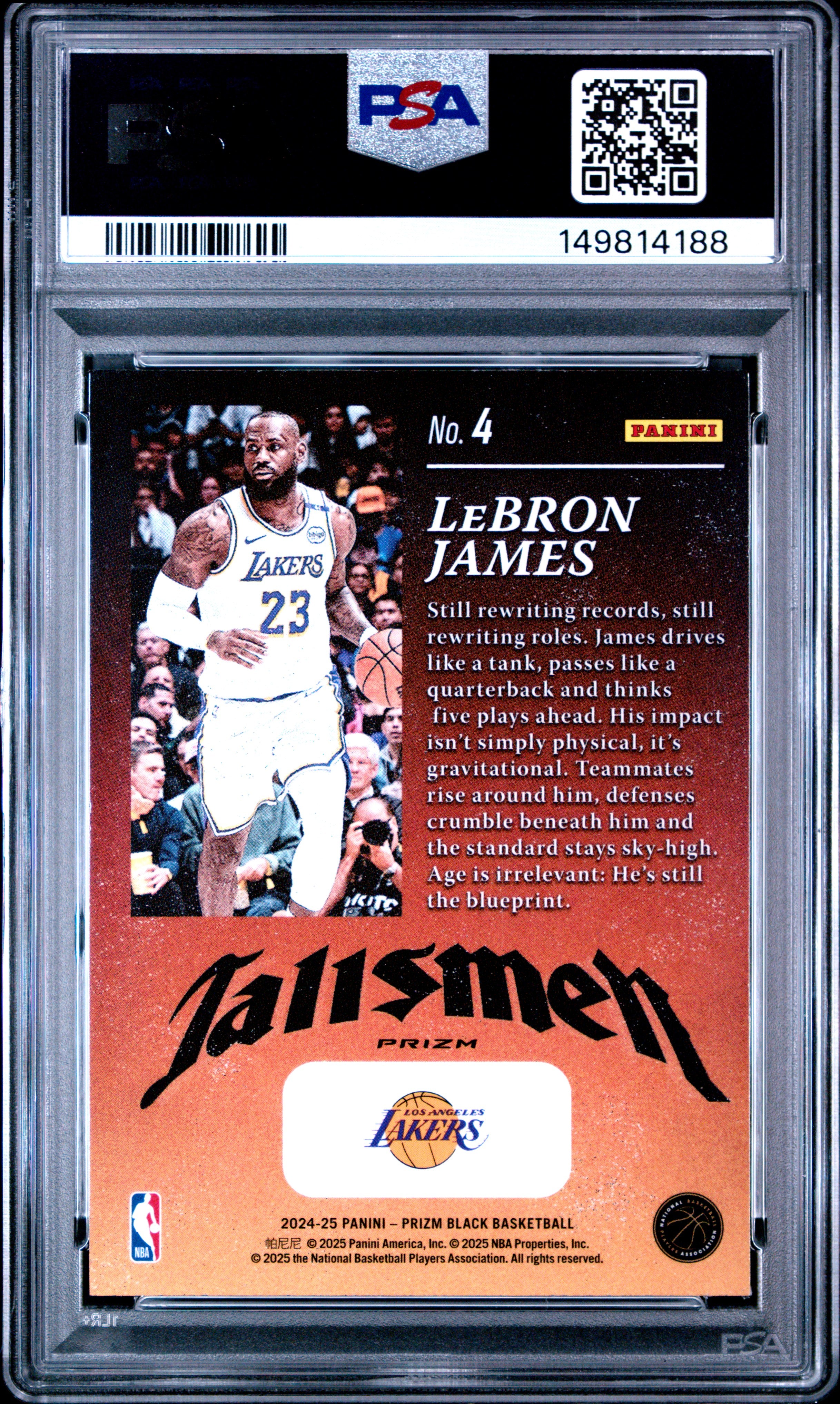 Lebron James 2024-25 Panini Prizm Black Silver Talismen #4 PSA 10