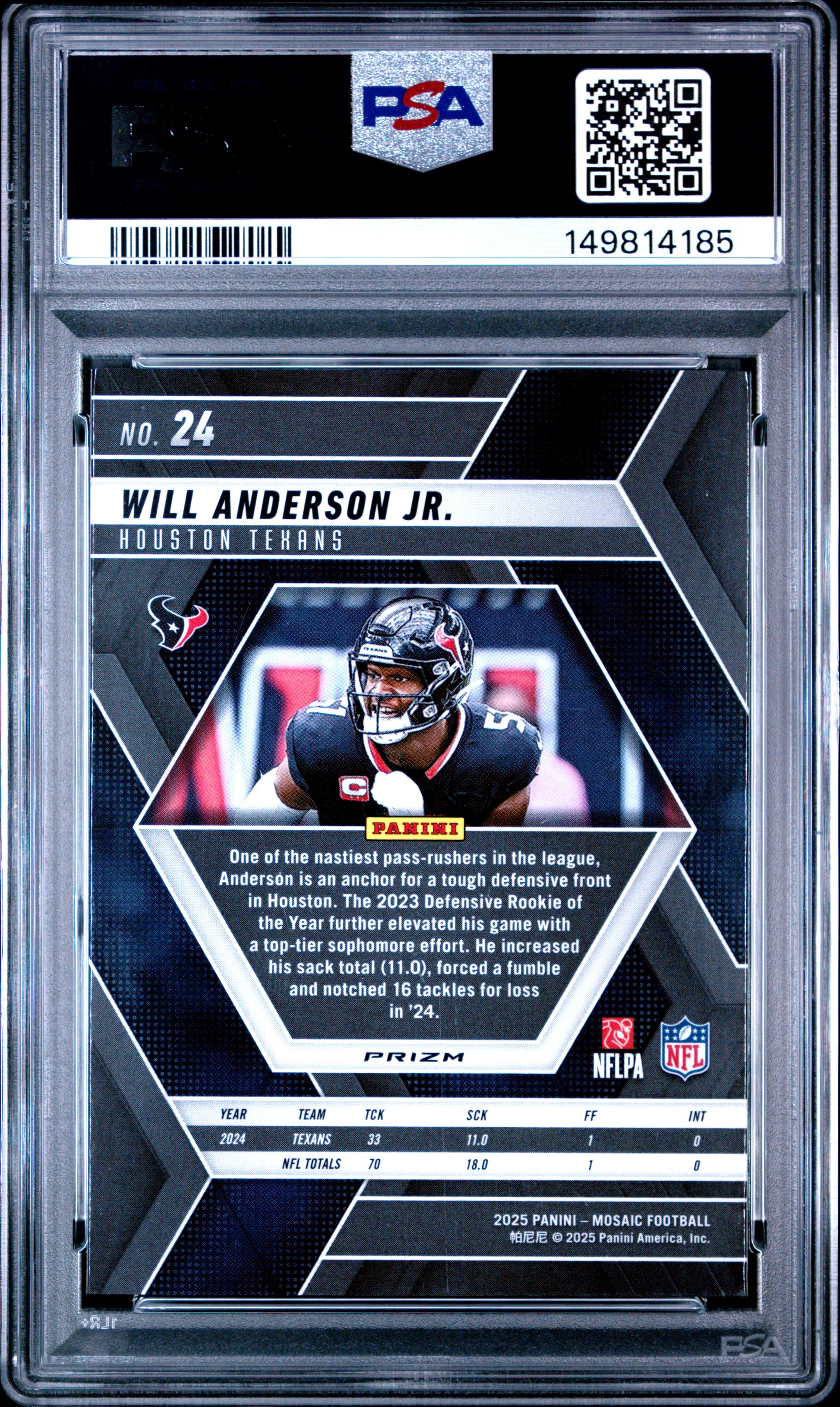 Will Anderson Jr RC 2025 Panini Mosaic Peacock Choice SSP #24 PSA 9-2