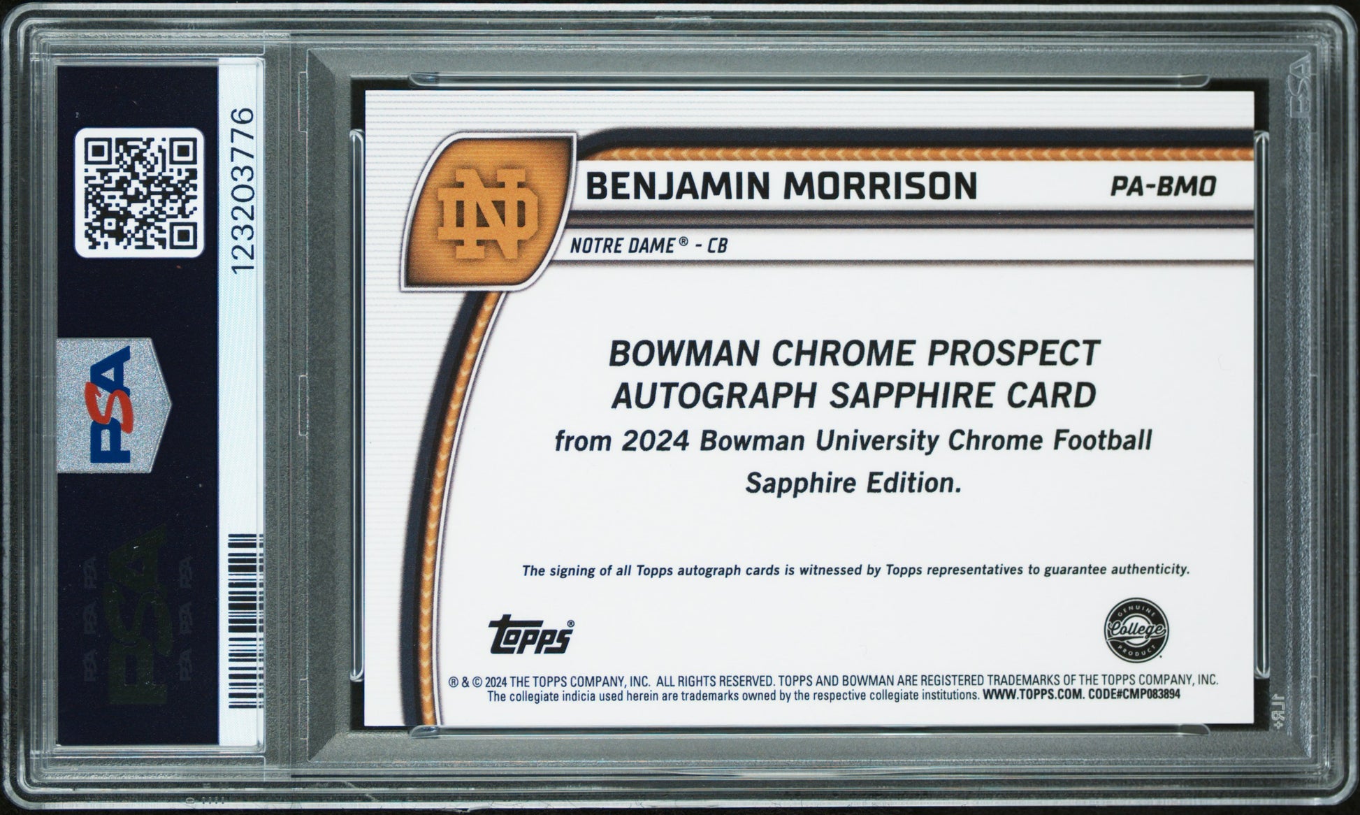 Benjamin Morrison RC 2024 Bowman U Chrome Sapphire Orange Rookie Auto SP 14/25 PSA 10-2