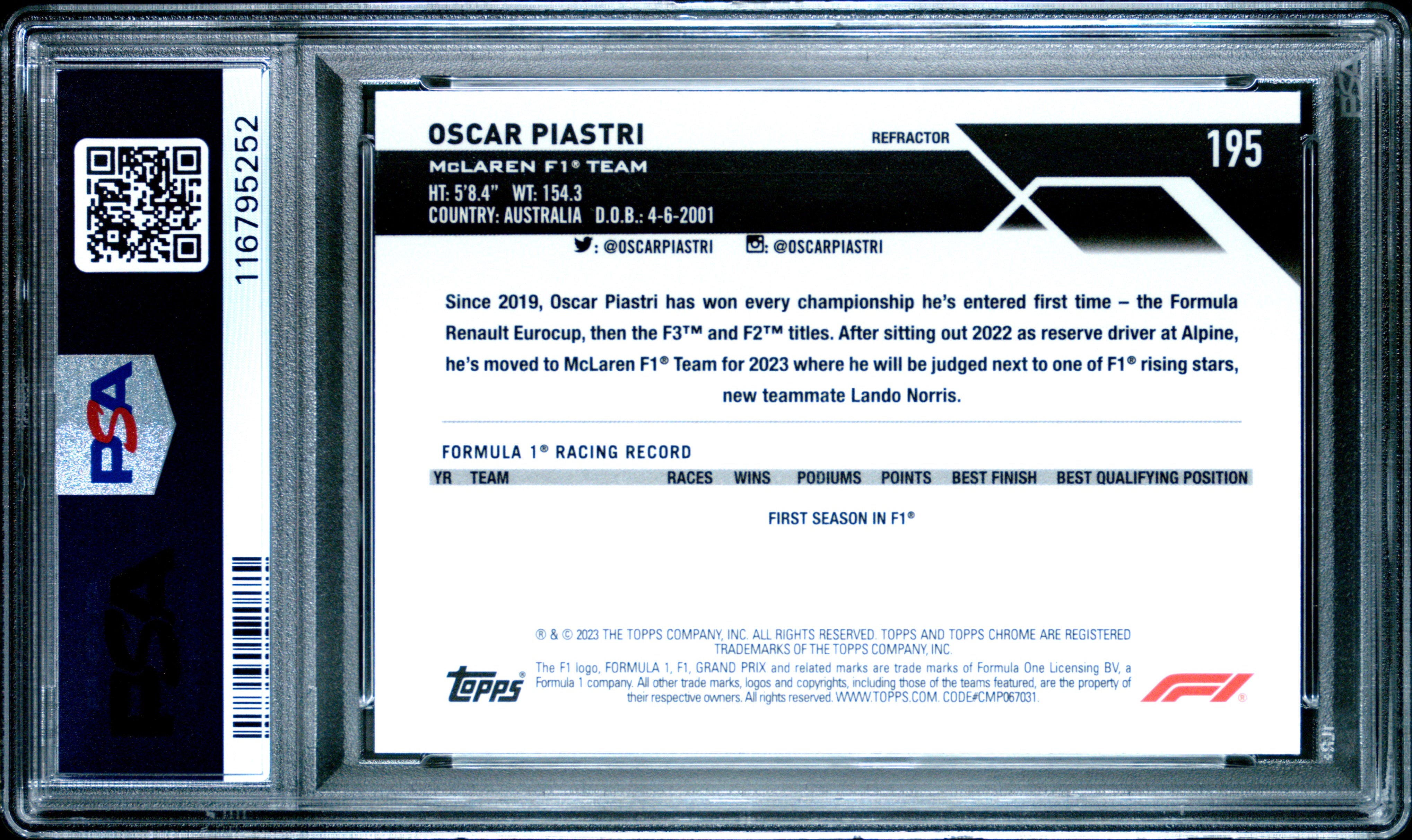 Oscar Piastri RC 2023 Topps Chrome F1 Refractor Rookie #195 PSA 10-2