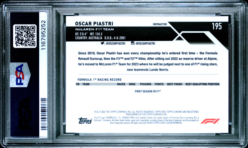 Oscar Piastri RC 2023 Topps Chrome F1 Refractor Rookie #195 PSA 10-2
