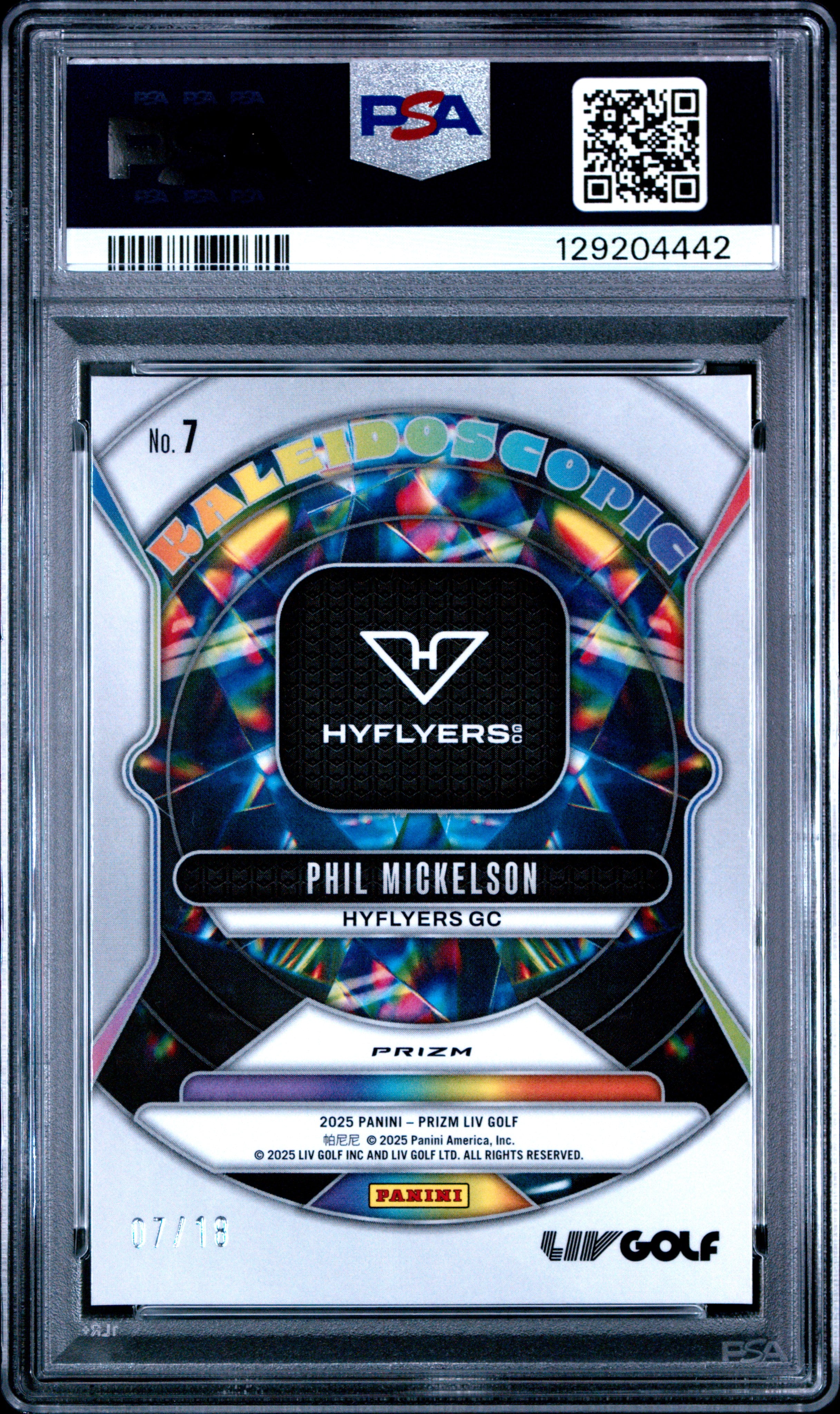 Phil Mickelson 2025 Panini Prizm Liv Golf Green Kaleidoscopic SP 7/18 PSA 10-2