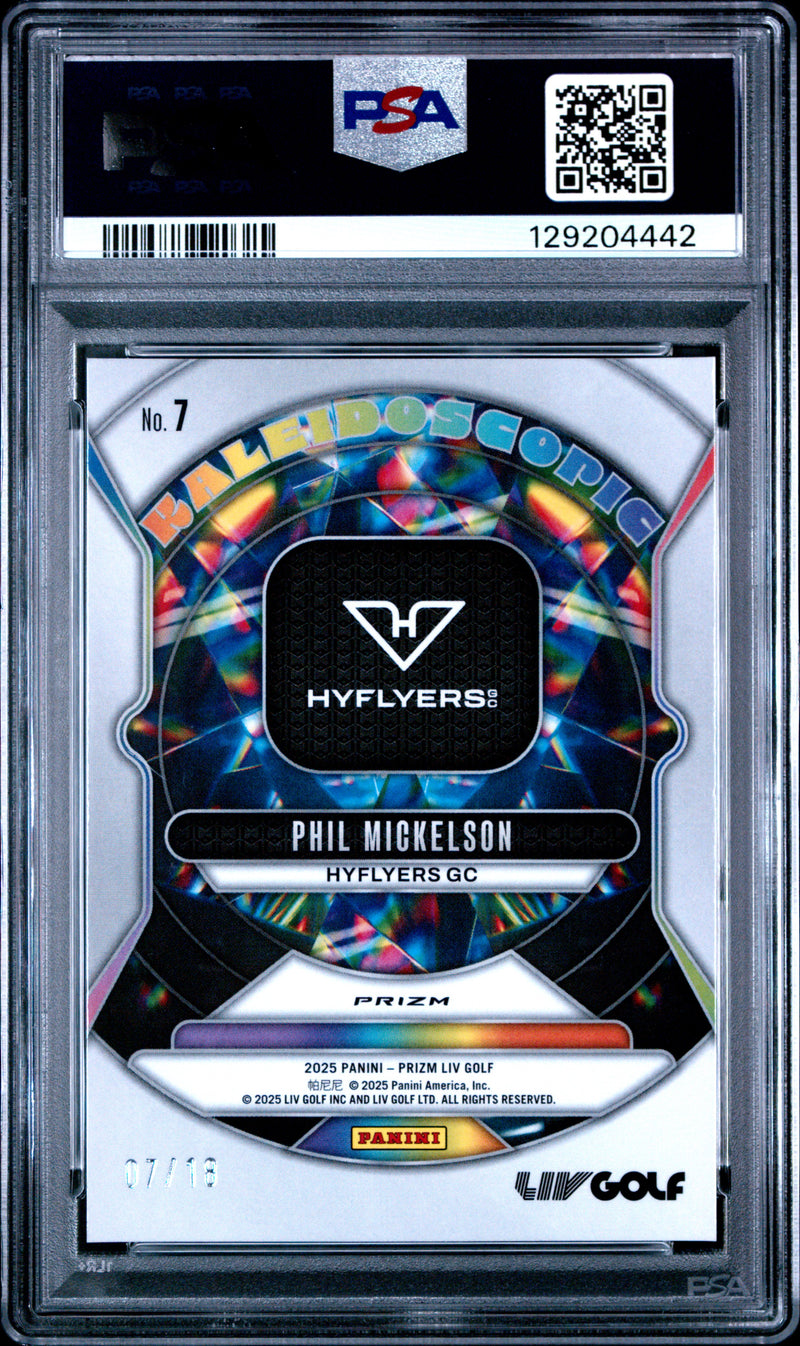 Phil Mickelson 2025 Panini Prizm Liv Golf Green Kaleidoscopic SP 7/18 PSA 10-2