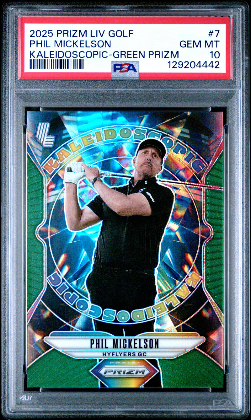 Phil Mickelson 2025 Panini Prizm Liv Golf Green Kaleidoscopic SP 7/18 PSA 10-1