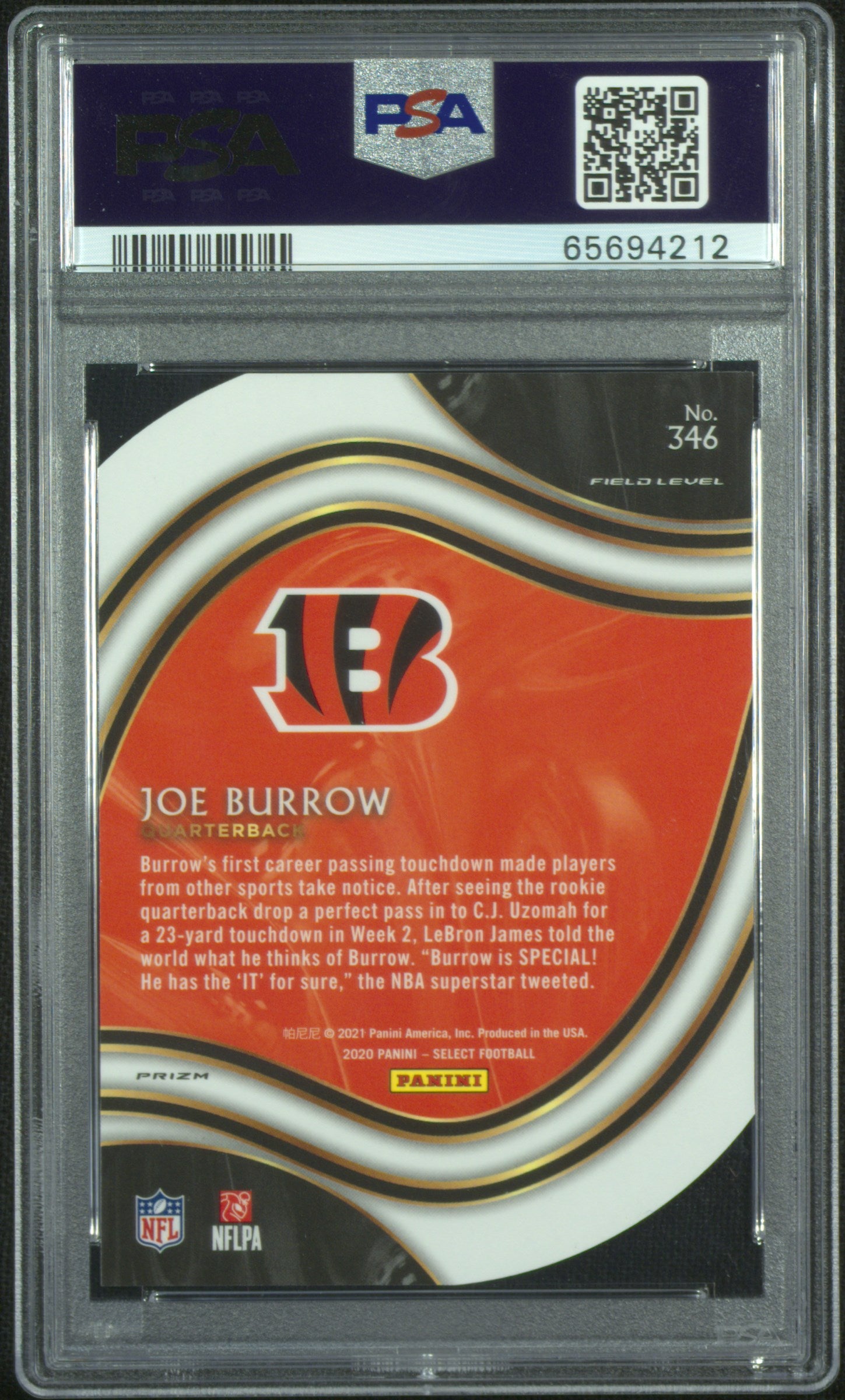 Joe Burrow RC 2020 Panini Select Field Level Neon Green Die Cut #346 PSA 10