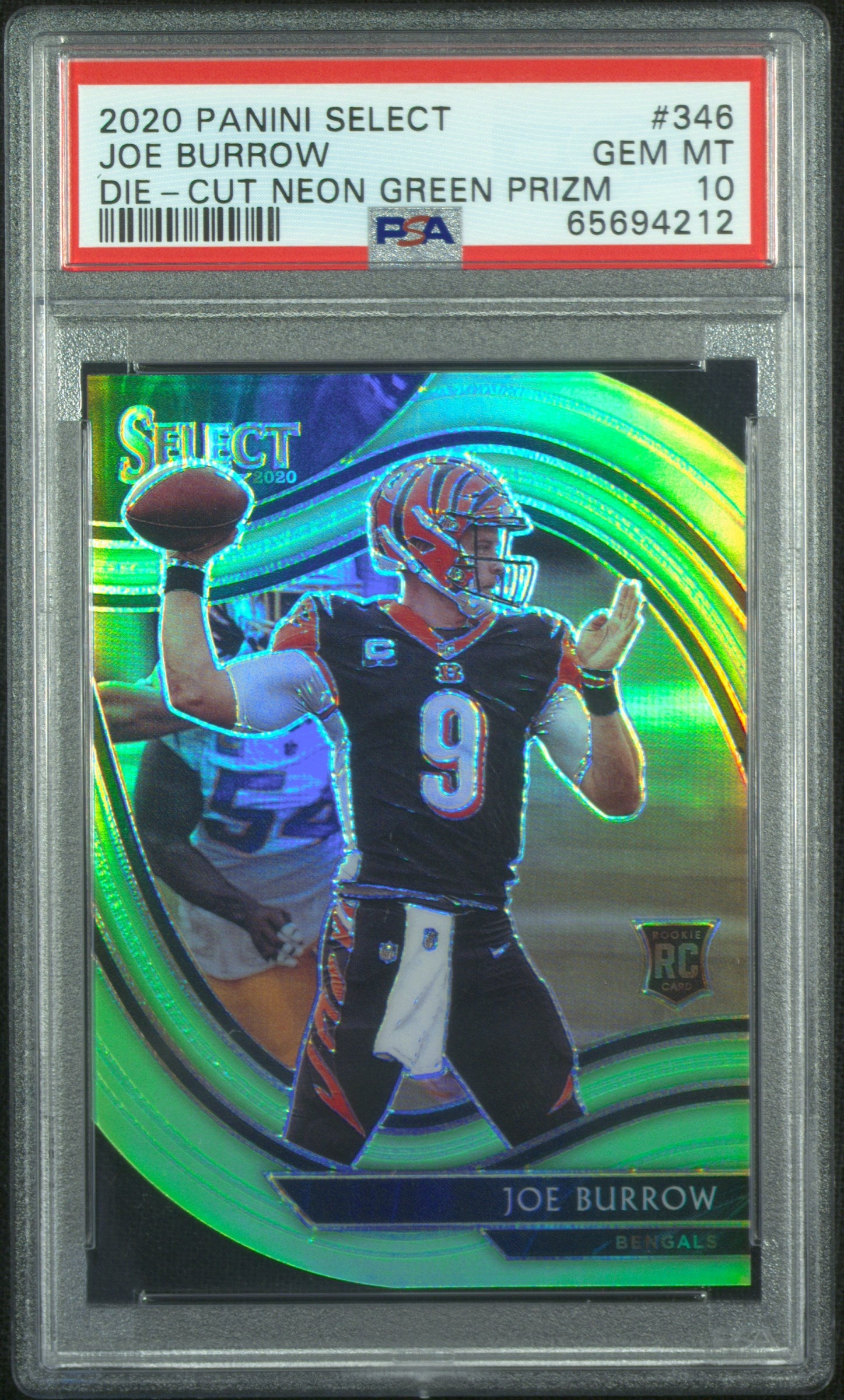 Joe Burrow RC 2020 Panini Select Field Level Neon Green Die Cut #346 PSA 10
