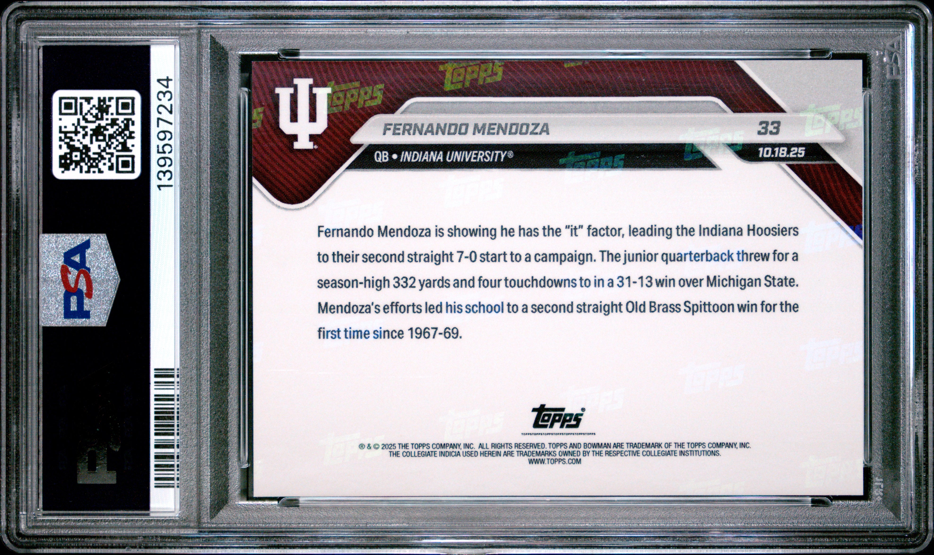 Fernando Mendoza RC 2025 Bowman U Now Rookie #33 PSA 10