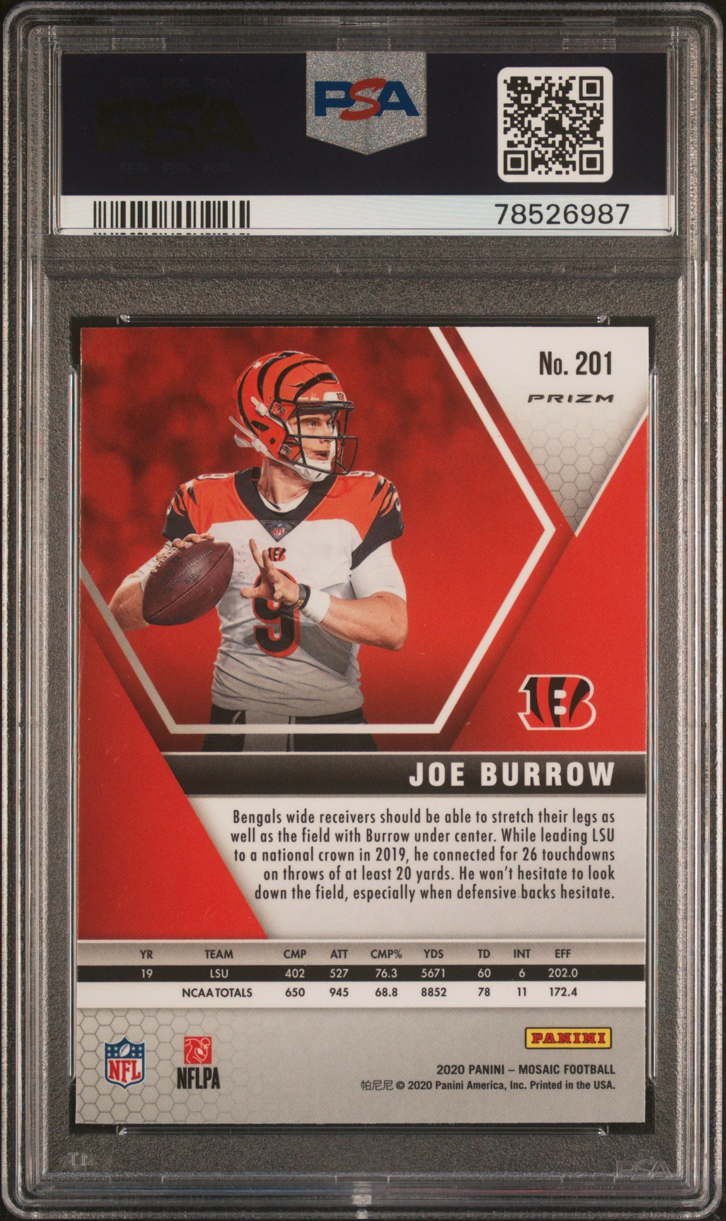 Joe Burrow RC 2020 Panini Mosaic Gold Reactive Rookie #201 PSA 10