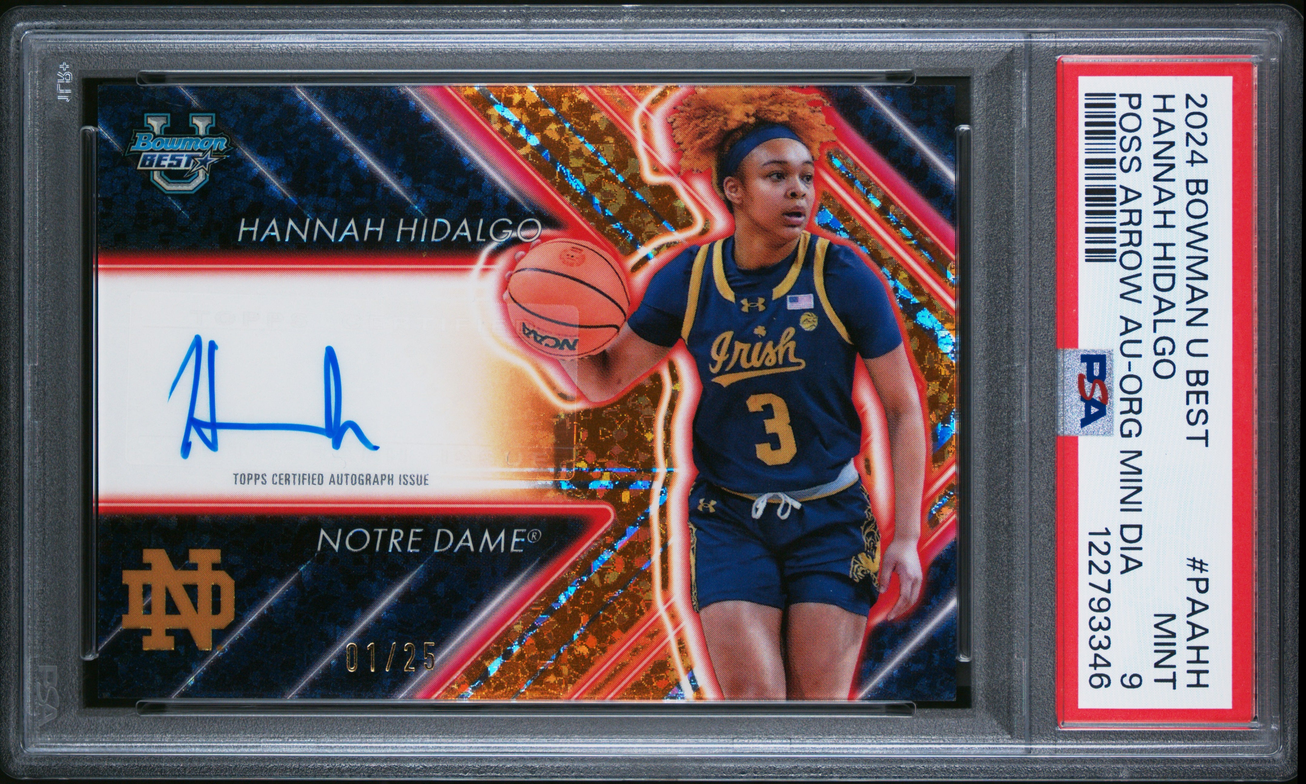 Hannah Hidalgo RC 2024-25 Bowman U Best Orange Mini Diamond Possession Arrow Rookie Auto SP 1/25 PSA 9