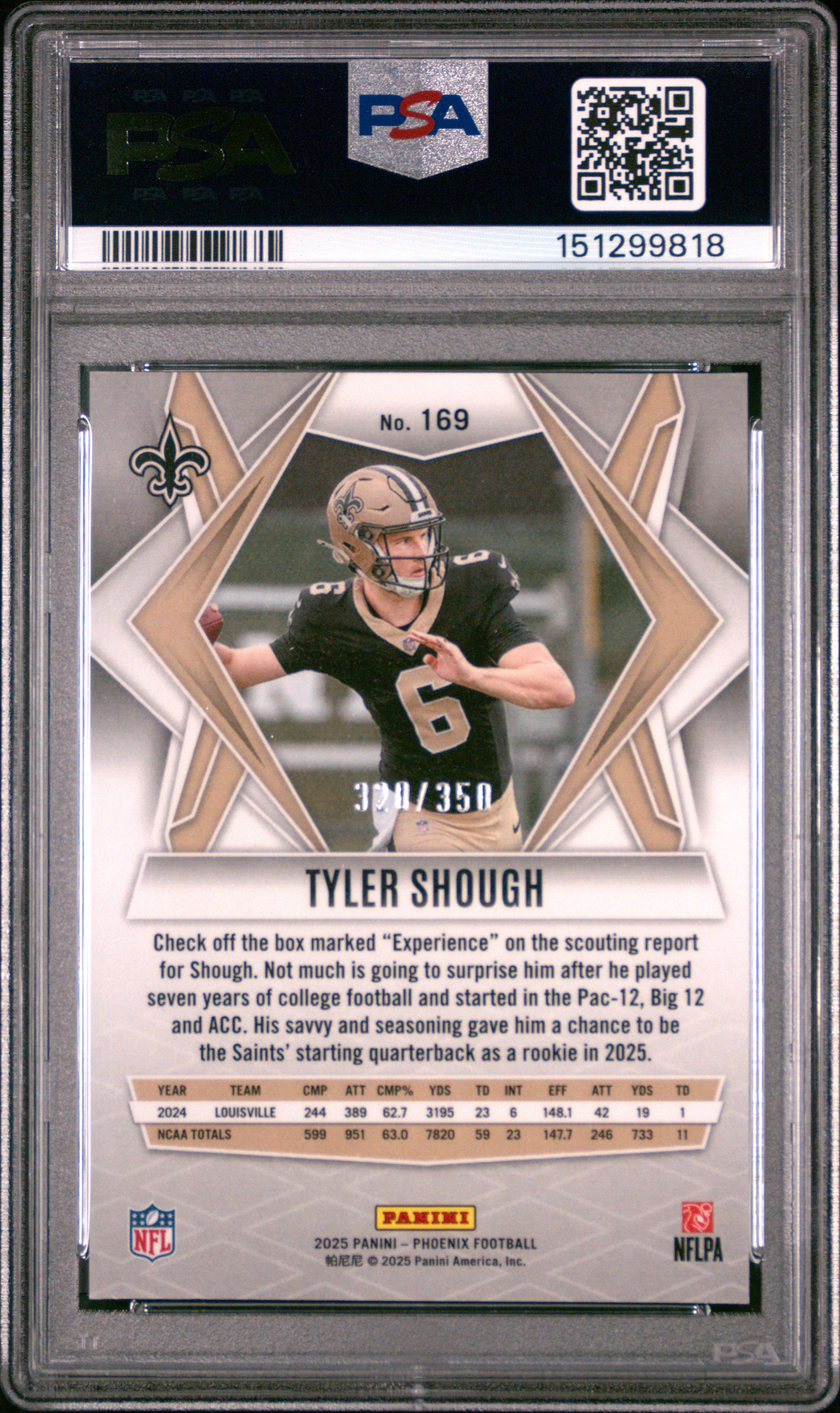 Tyler Shough RC 2025 Panini Phoenix Fireburst Rookie SP 320/350 PSA 10