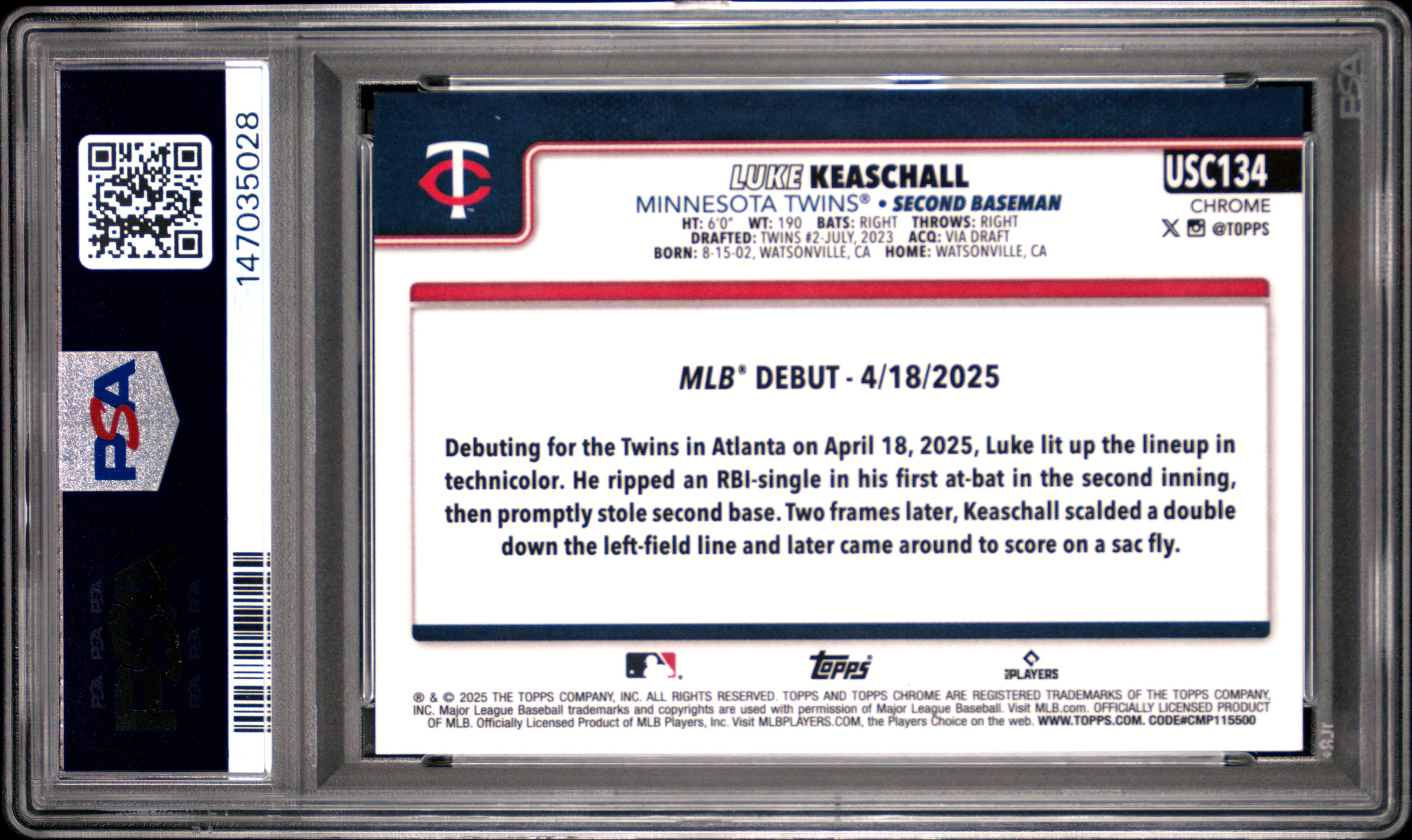 Luke Keaschall RC 2025 Topps Chrome Sapphire Update Rookie SP 8/50 PSA 10