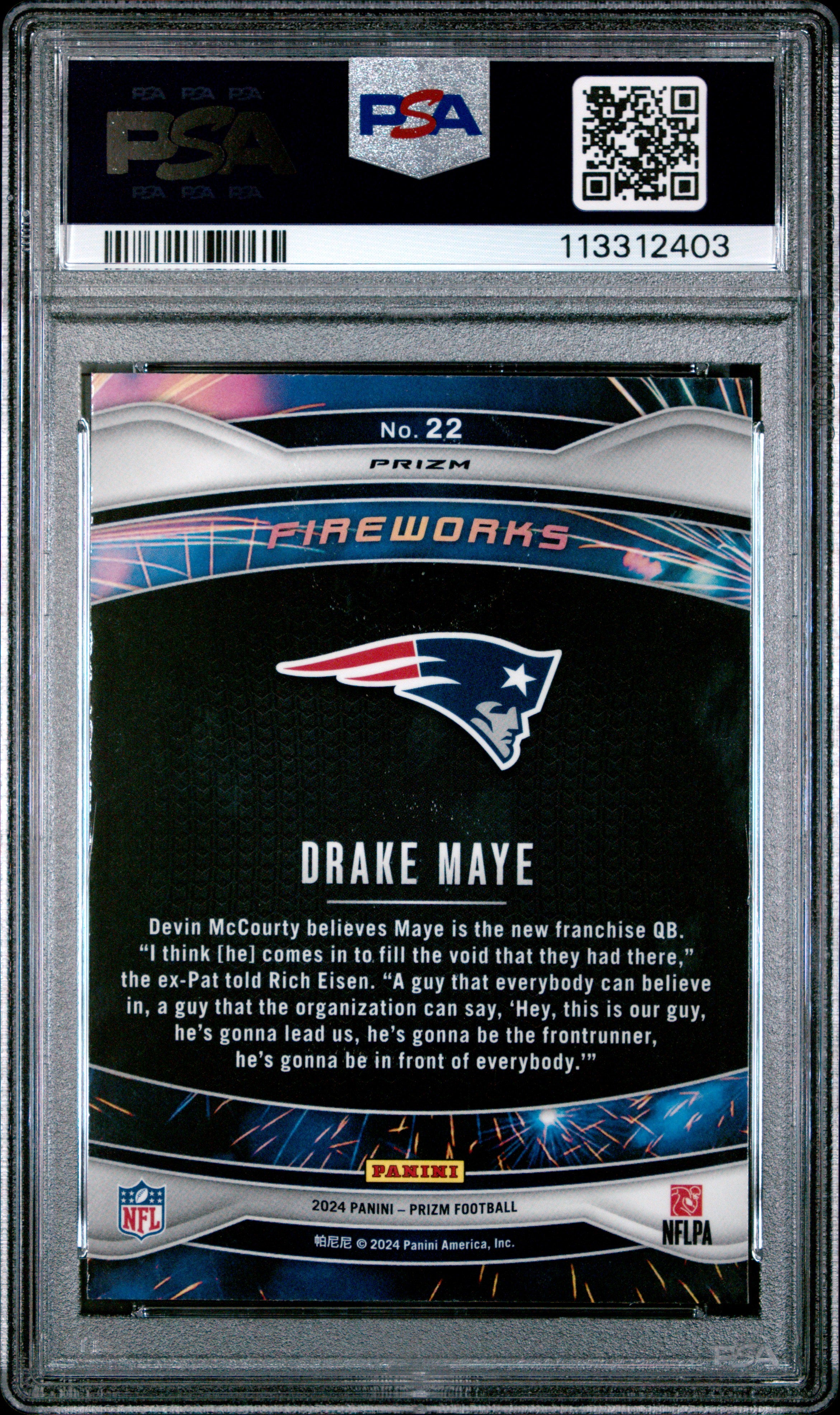 Drake Maye RC 2024 Panini Prizm Green Ice Fireworks Rookie #22 PSA 10