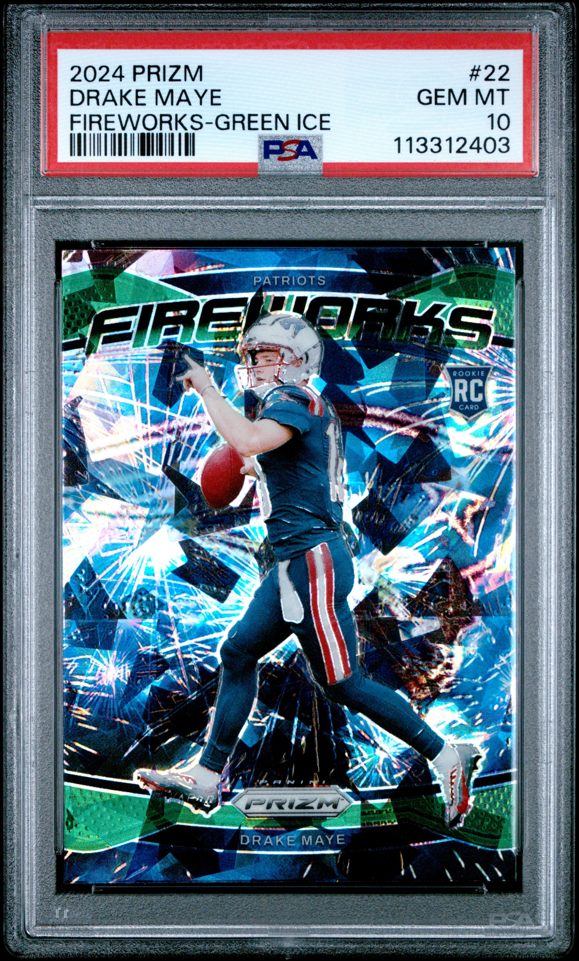 Drake Maye RC 2024 Panini Prizm Green Ice Fireworks Rookie #22 PSA 10
