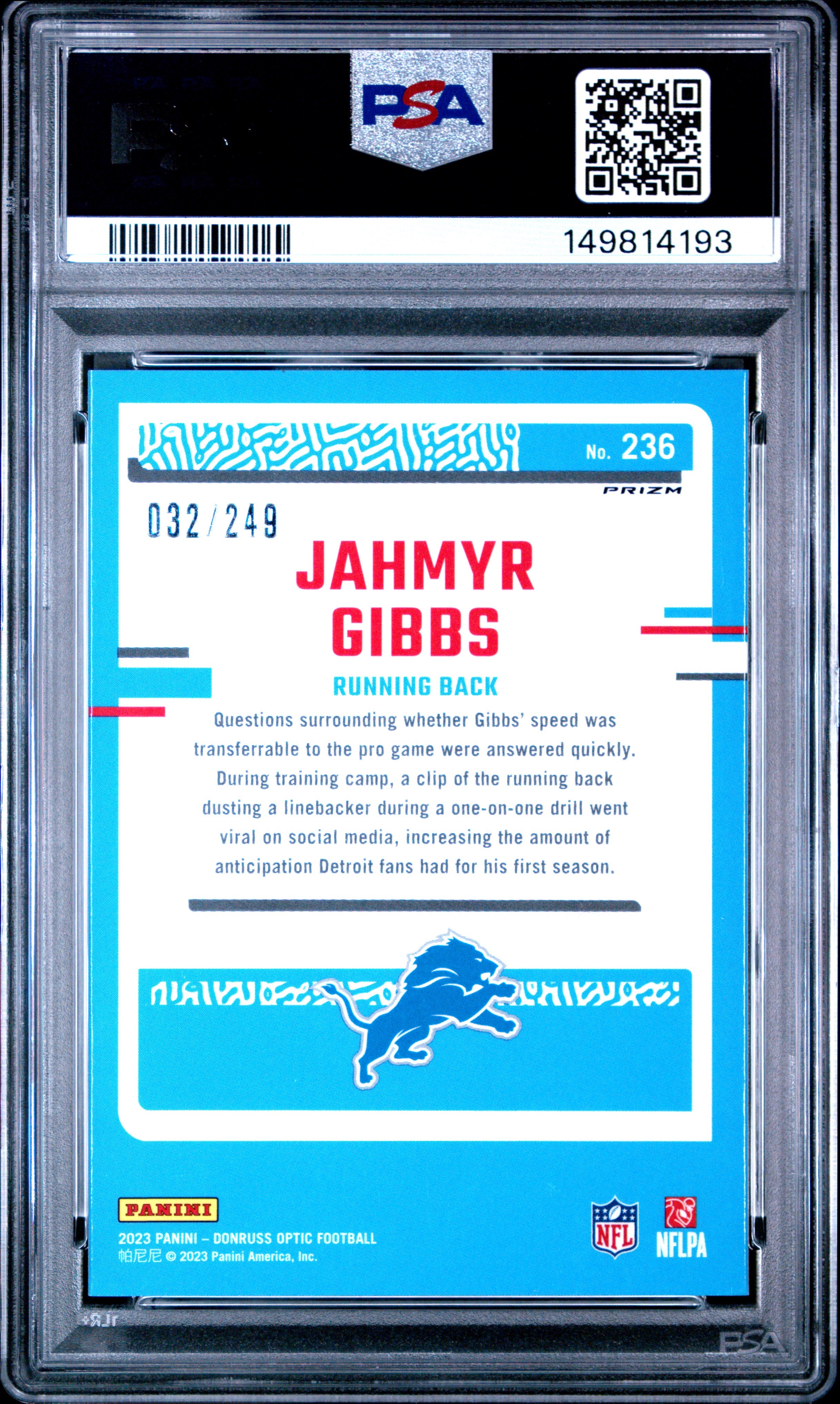 Jahmyr Gibbs RC 2023 Donruss Optic Orange Rated Rookie SP 32/249 PSA 10