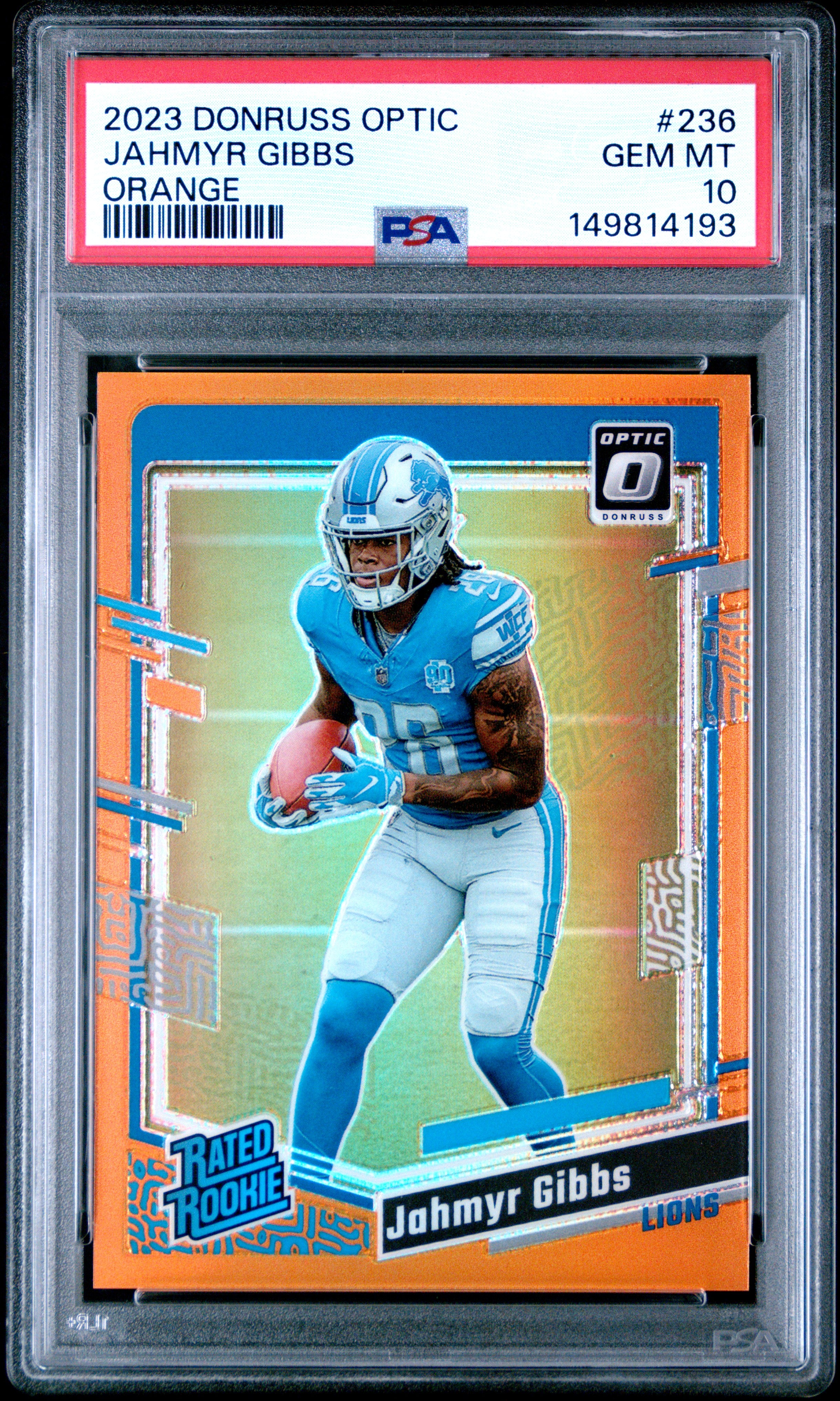 Jahmyr Gibbs RC 2023 Donruss Optic Orange Rated Rookie SP 32/249 PSA 10