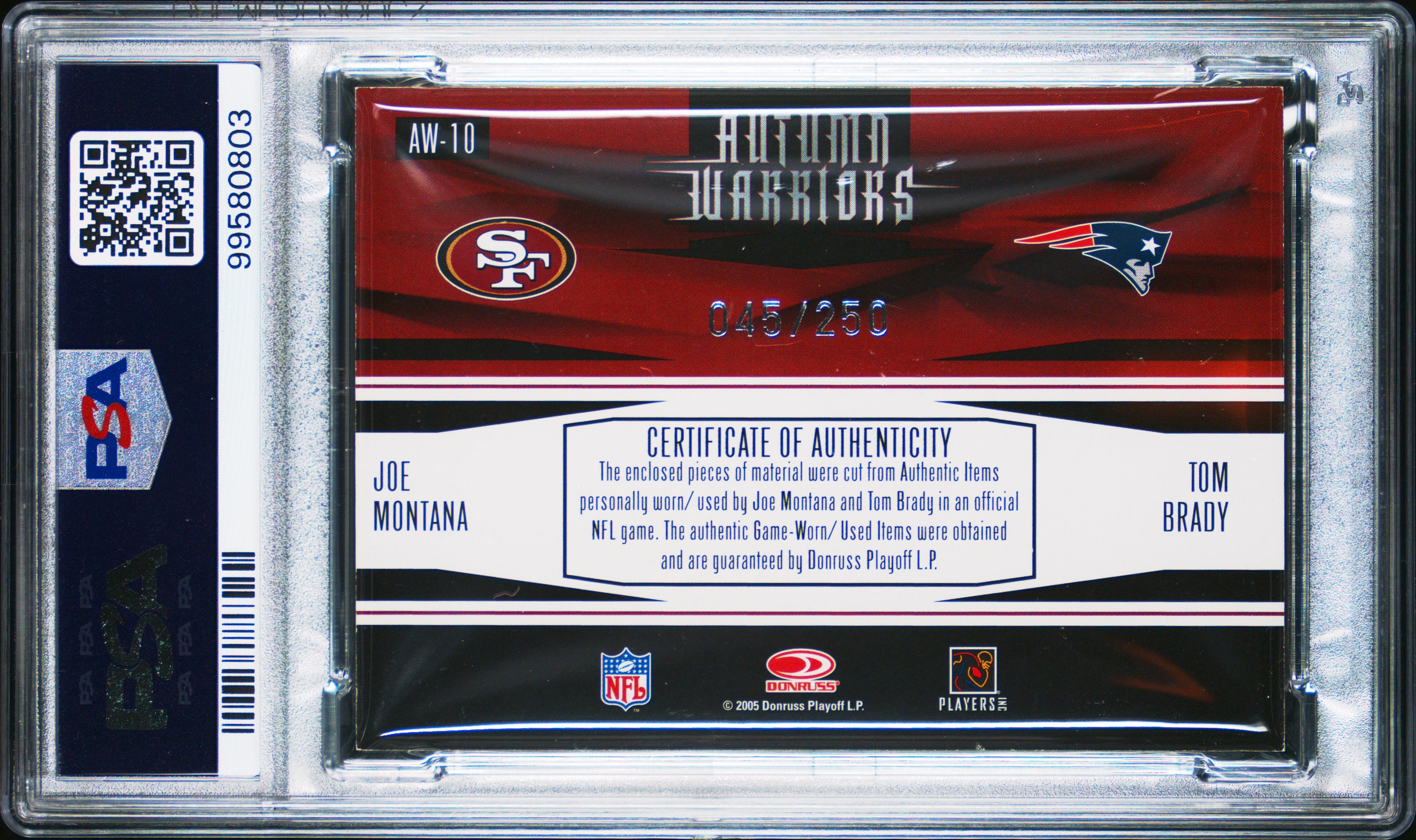 Tom Brady Joe Montana 2005 Zenith Autumn Warriors Dual Game Used Patch SP 45/250 PSA 6