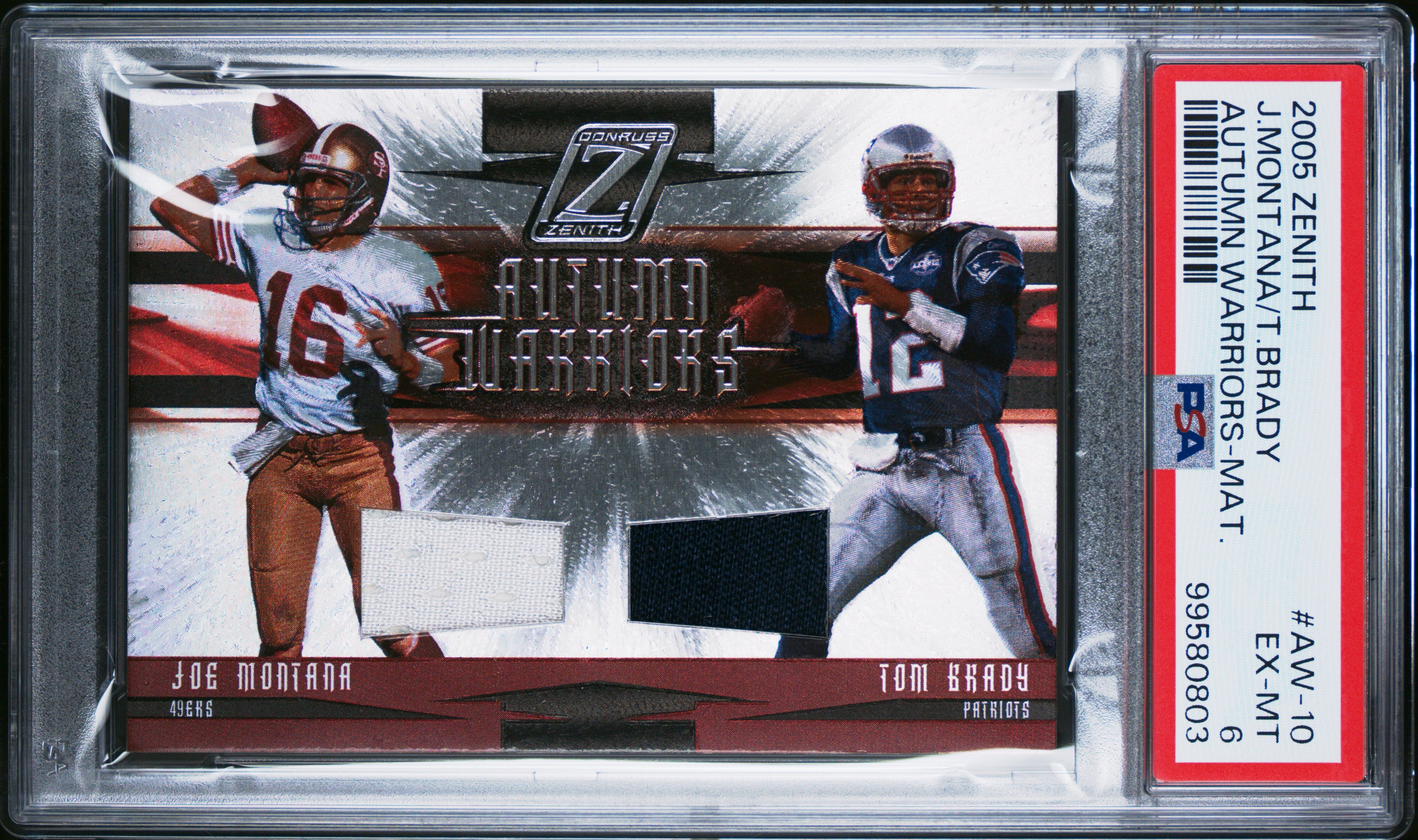 Tom Brady Joe Montana 2005 Zenith Autumn Warriors Dual Game Used Patch SP 45/250 PSA 6