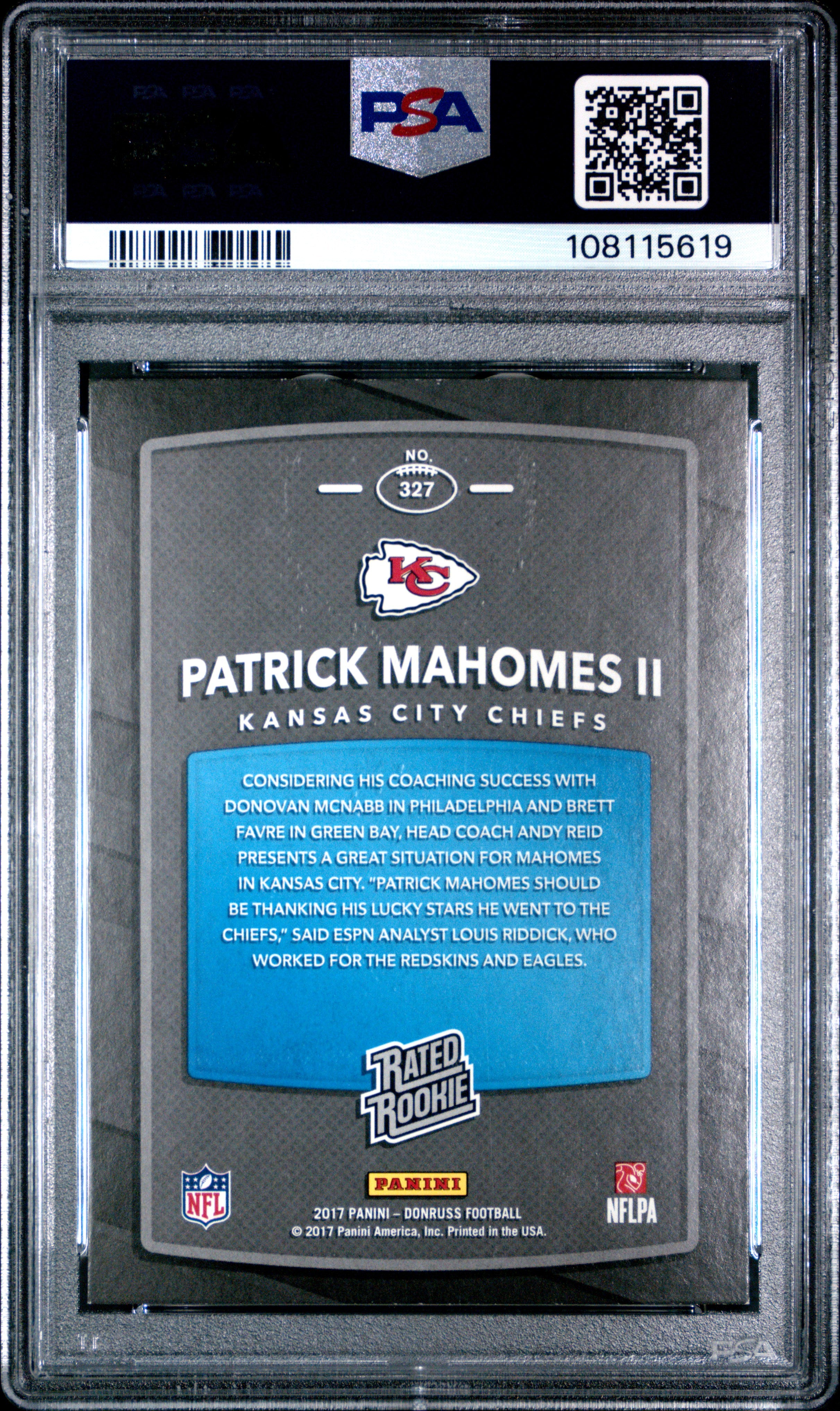 Patrick Mahomes II RC 2017 Donruss Rated Rookie #327 PSA 8