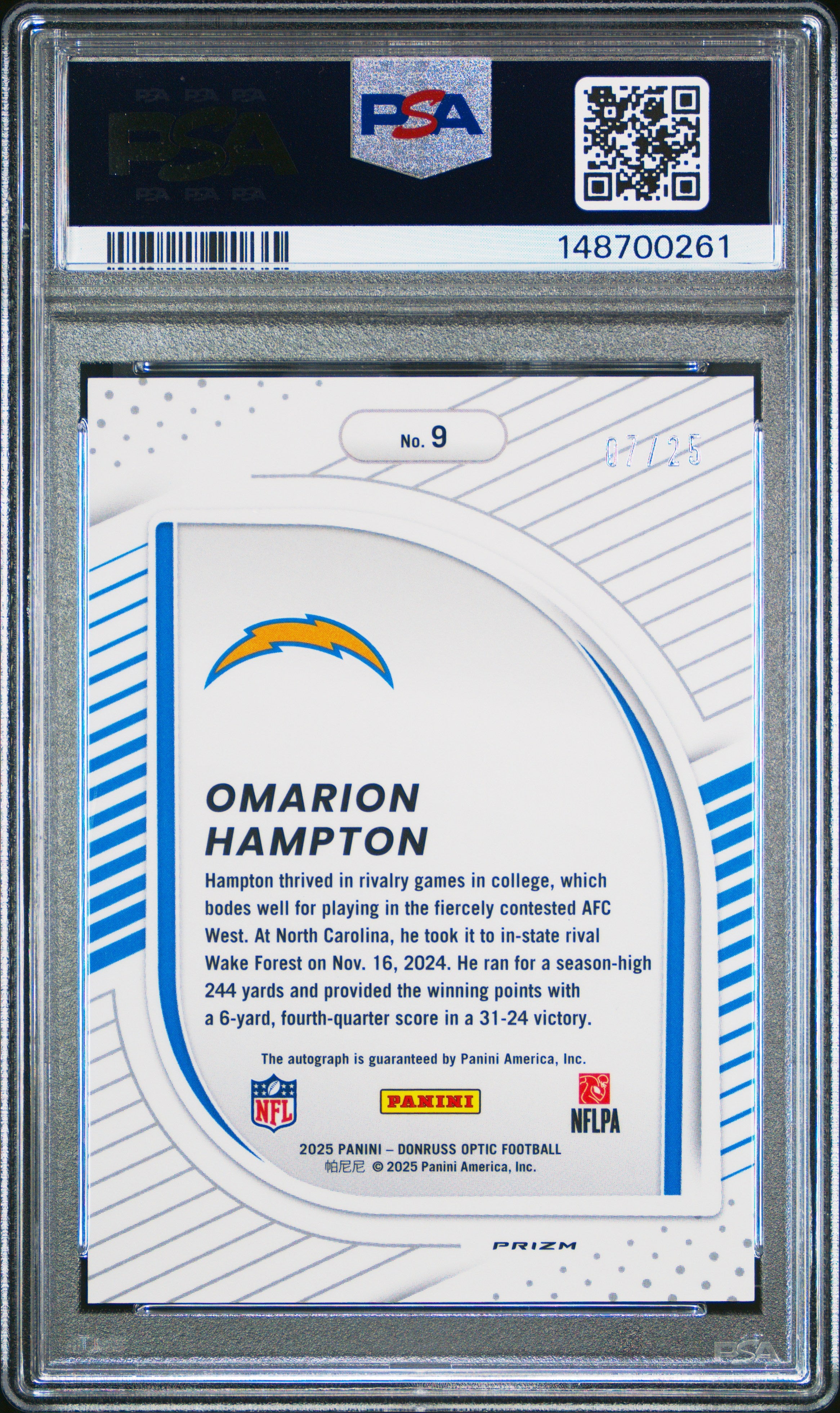 Omarion Hampton RC 2025 Donruss Optic Purple Stars Hidden Potential Rookie Auto SP 7/25 PSA 10