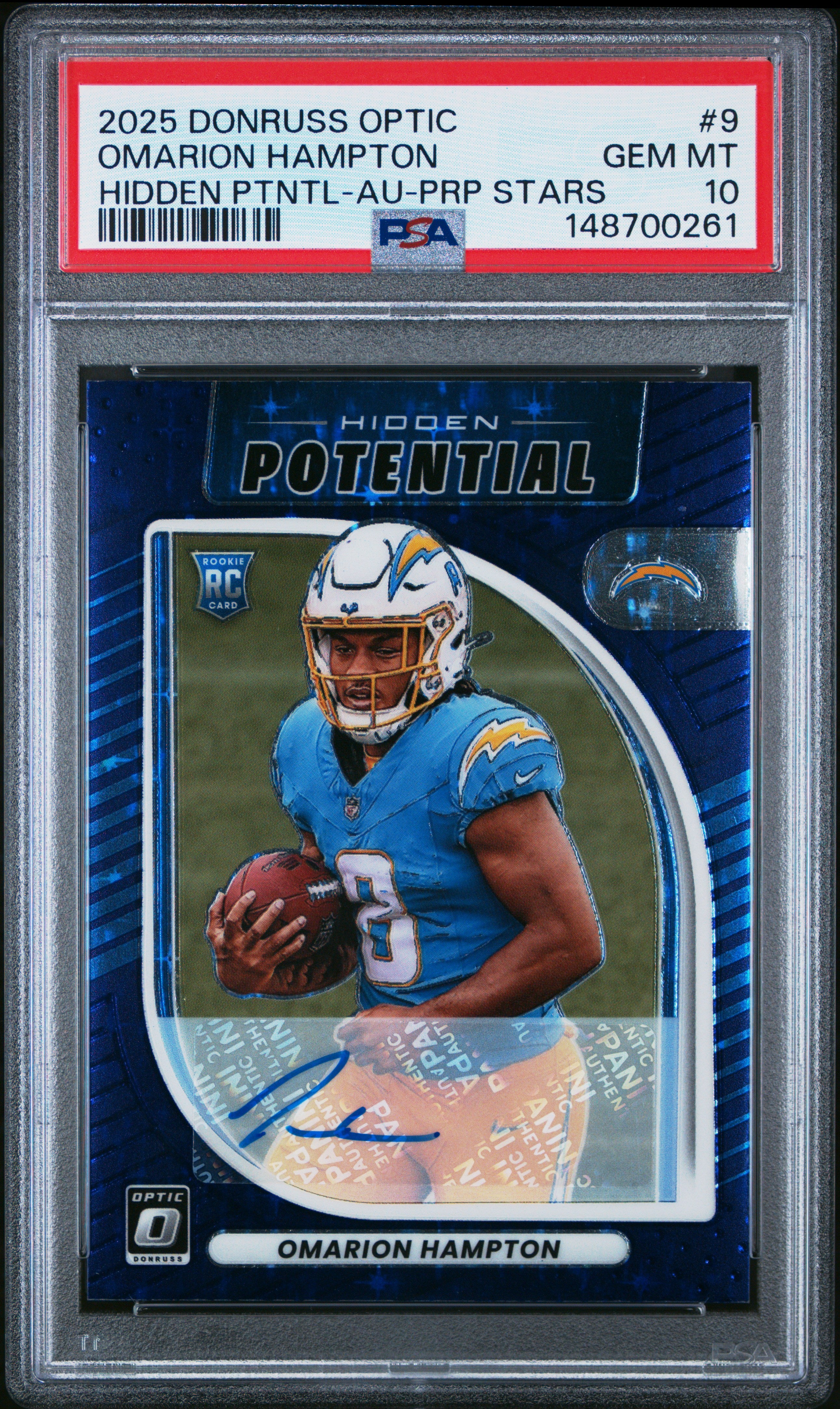 Omarion Hampton RC 2025 Donruss Optic Purple Stars Hidden Potential Rookie Auto SP 7/25 PSA 10